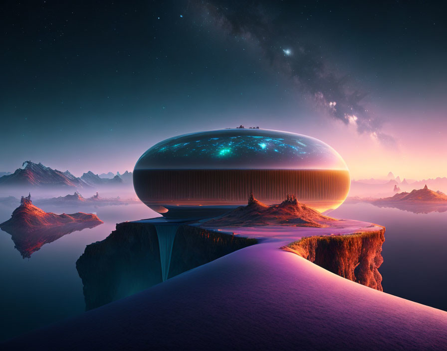 Futuristic dome structure on mountain cliff under twilight sky