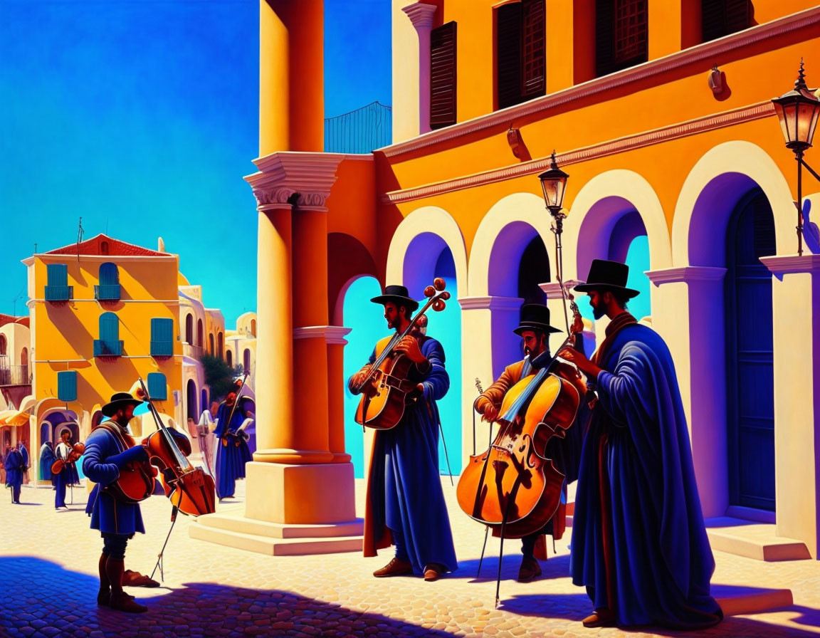 Colorful Street Scene: Musicians in Traditional Attire amid Colonial Architecture