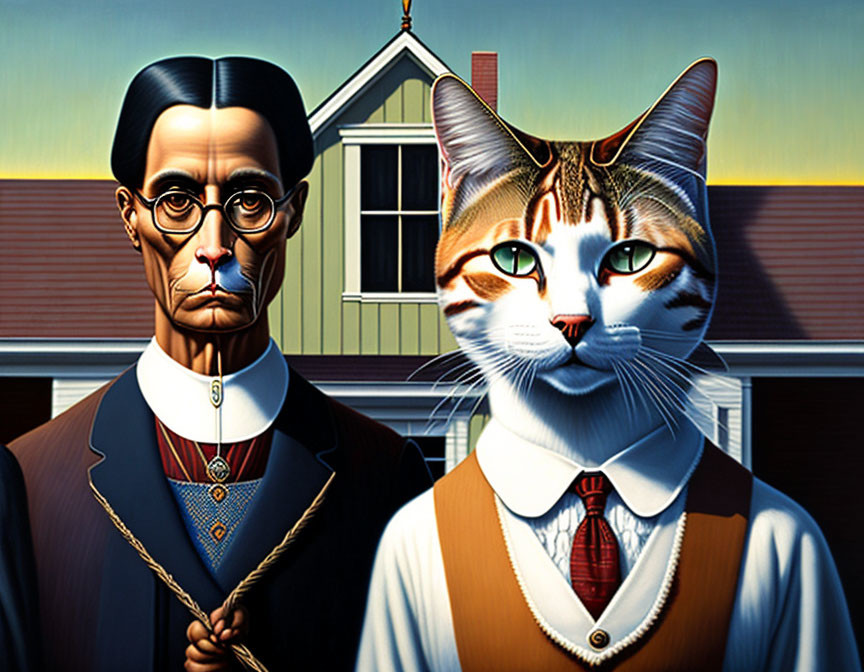 Man and large housecat in old-fashioned clothing in front of a house.