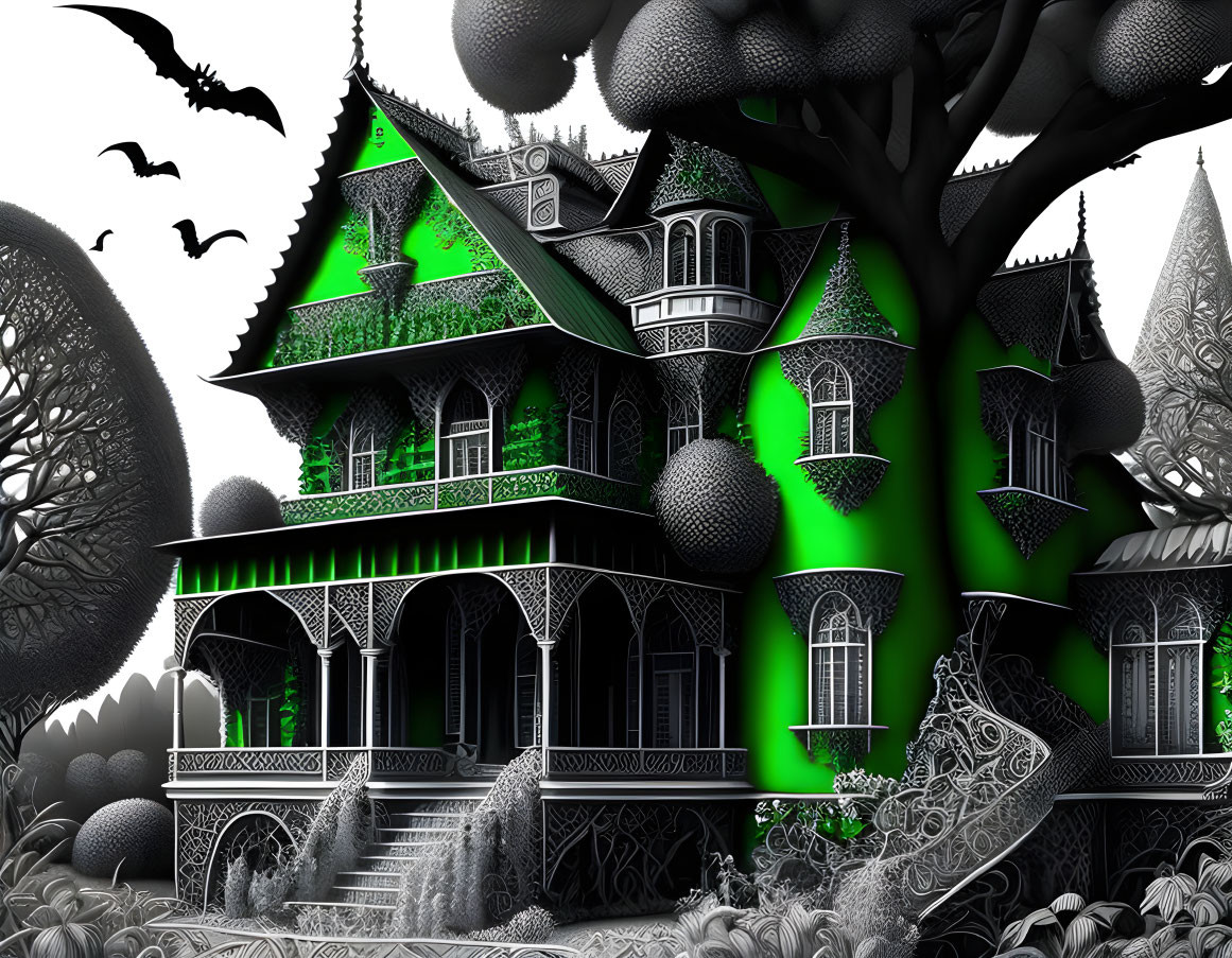 Monochromatic Gothic Victorian mansion with green lighting and bats in dark tree surroundings