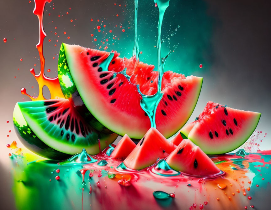 Fresh Watermelon Slices with Vibrant Splashes on Dark Background