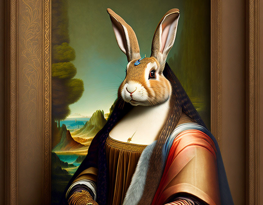 Whimsical artwork: Mona Lisa painting with rabbit head, intricate details, renaissance background