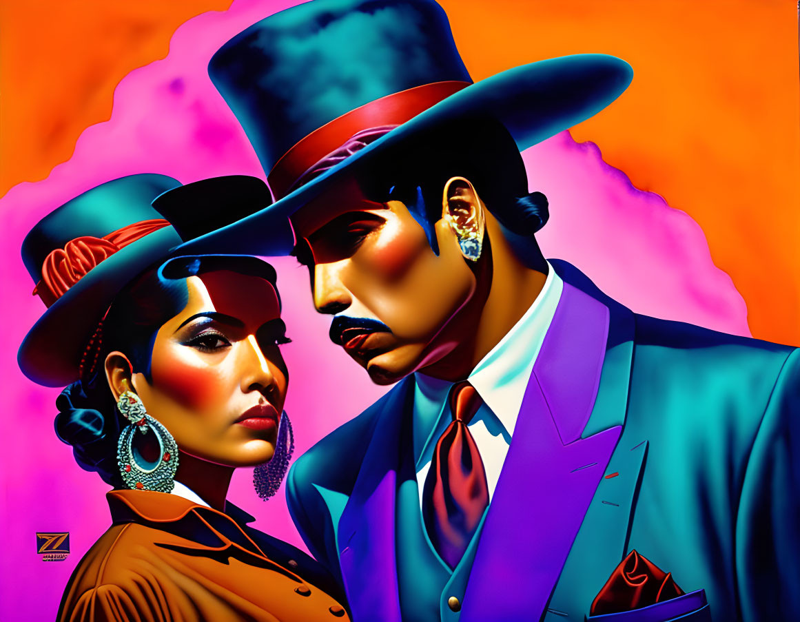 Vibrant digital artwork of man and woman with bold colors