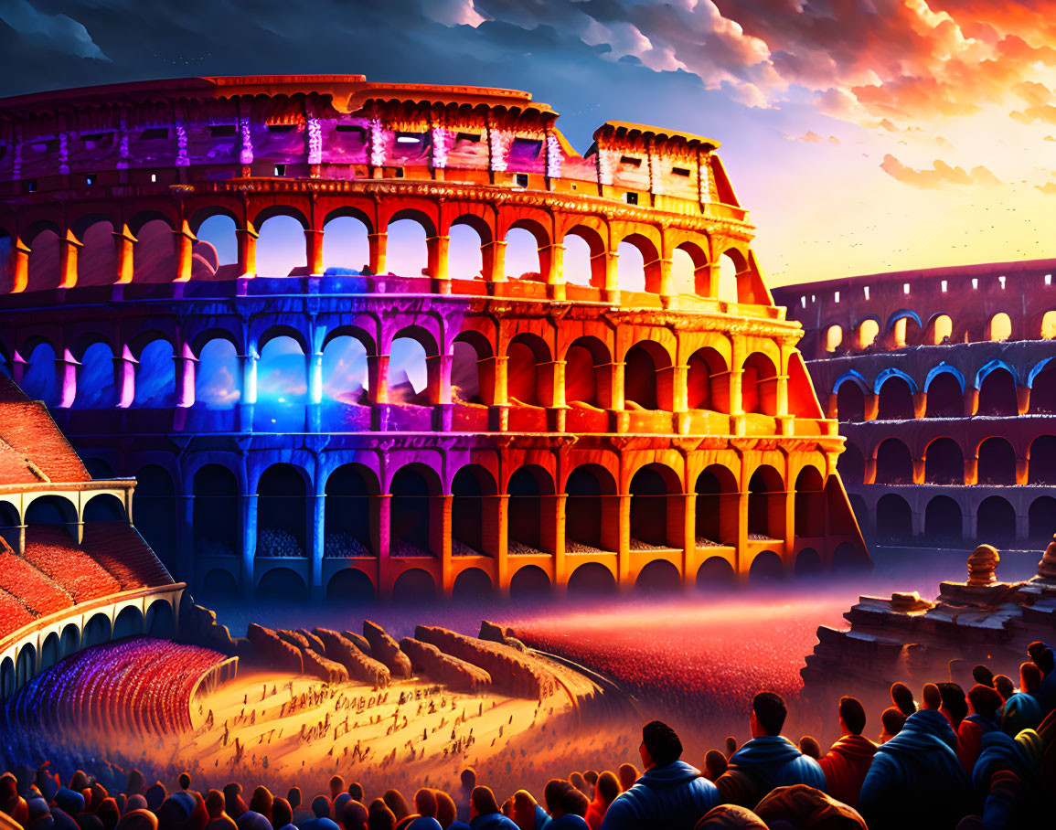 Digital artwork: Colosseum with modern audience, illuminated stage, sunset sky