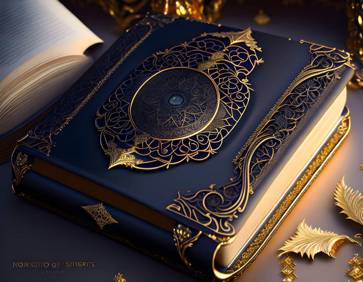 Blue and gold ornate book with quill on desk under soft lighting