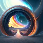 Surreal landscape with spiraling portal above serene lake