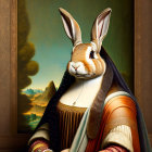 Whimsical artwork: Mona Lisa painting with rabbit head, intricate details, renaissance background