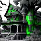 Monochromatic Gothic Victorian mansion with green lighting and bats in dark tree surroundings