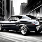 Vintage Black Muscle Car Speeding Through Urban City Street