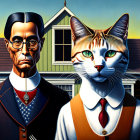 Man and large housecat in old-fashioned clothing in front of a house.