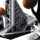 Futuristic building with geometric patterns and orange foliage trees