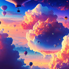 Colorful sunset sky with clouds and hot air balloons floating