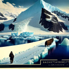 Arctic scene with people on ice path, giant letters, and towering icebergs