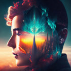 Digital art portrait merging human profile, cityscape, and cosmic elements in warm sunset setting.