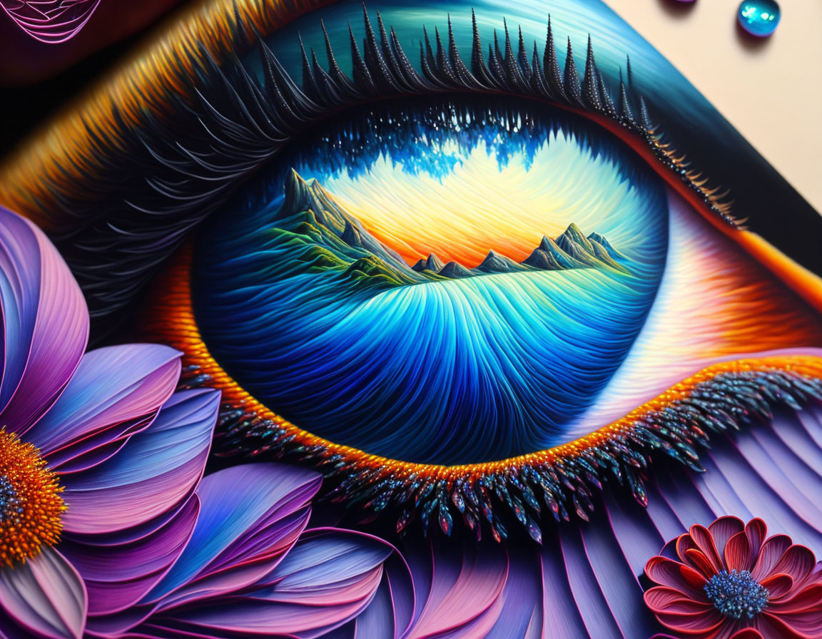 Surrealist eye painting with detailed landscape reflection in iris