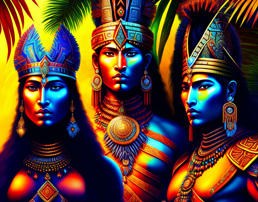 Colorful artwork featuring three figures with intricate headgear and jewelry in blue and golden tones.