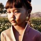 Digital art: Young girl in traditional outfit, thoughtful expression, in flower field at golden hour