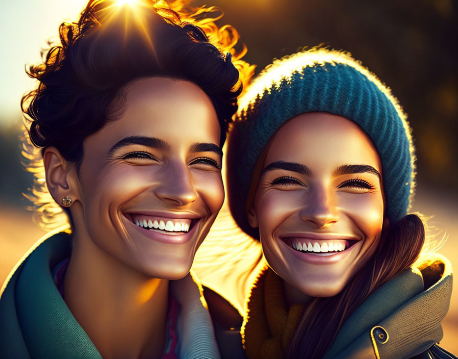 Two women smiling warmly in beanie under golden autumn sunlight