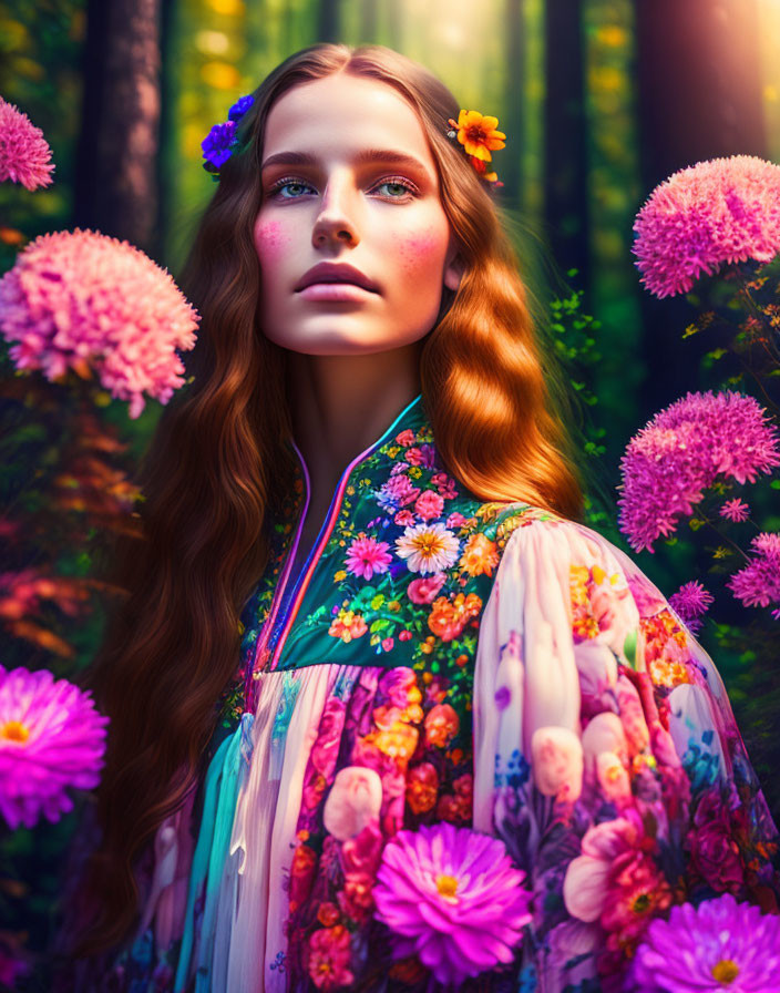 Woman in vibrant floral dress surrounded by pink flowers and sunlit forest