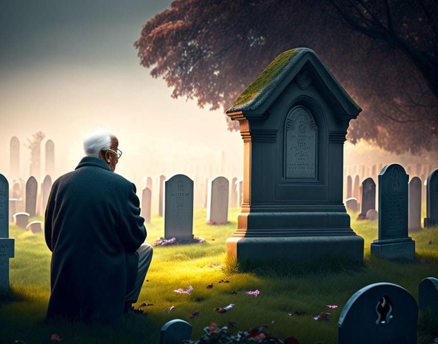 Elderly person reflecting in peaceful cemetery at dusk