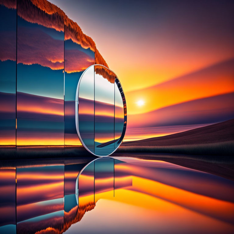 Surreal landscape with reflective surfaces and circular portal under vibrant sunset sky