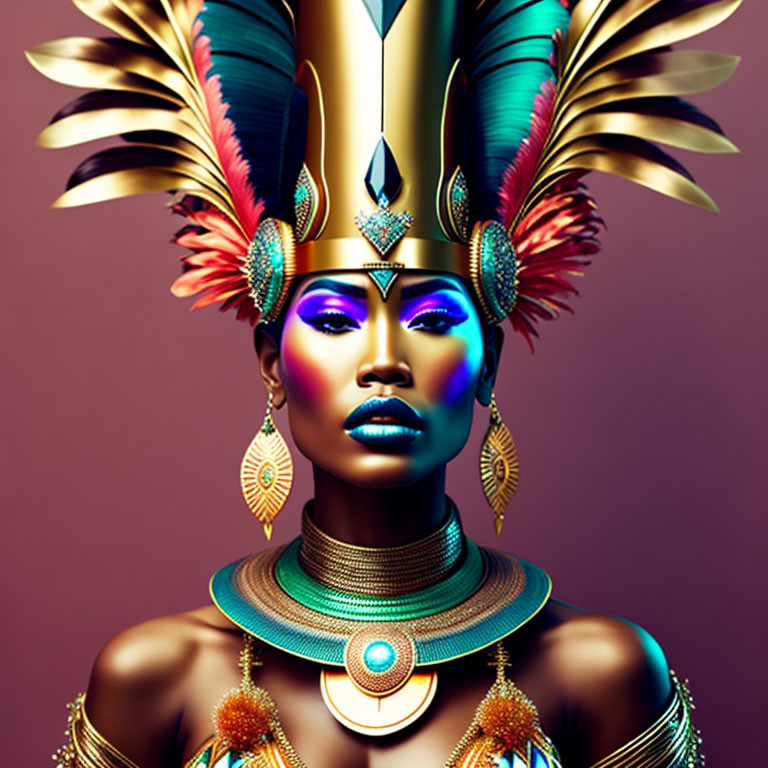 Colorful digital artwork of woman with ornate headdress and jewelry on purple background