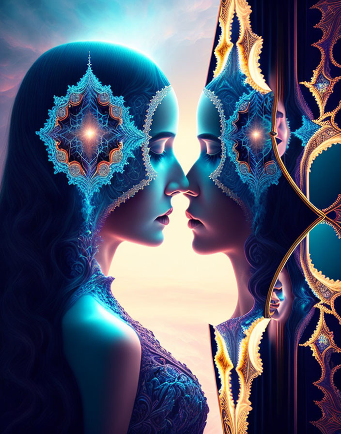 Symmetrical faces with fractal patterns in vibrant portrait