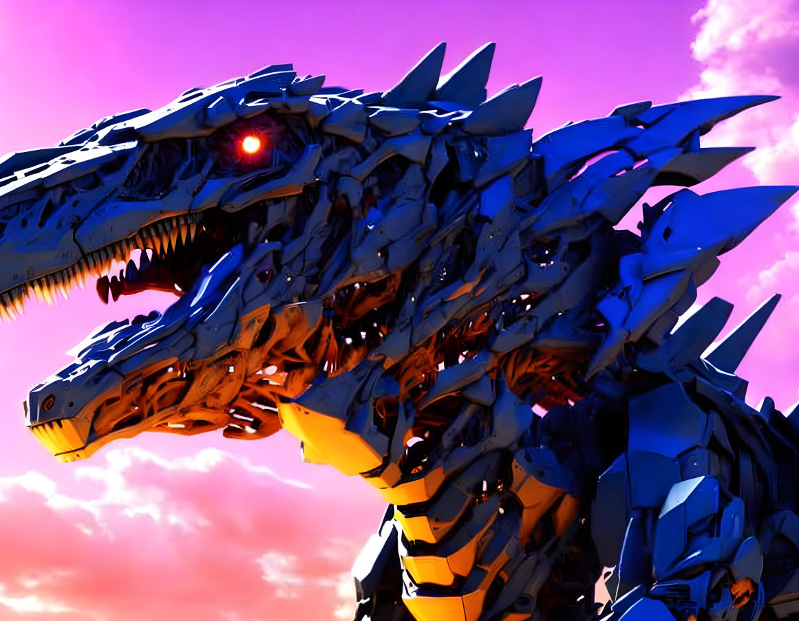 Blue and Yellow Armored Mechanized Dinosaur with Glowing Red Eye in Pink and Purple Sky