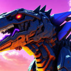 Blue and Yellow Armored Mechanized Dinosaur with Glowing Red Eye in Pink and Purple Sky