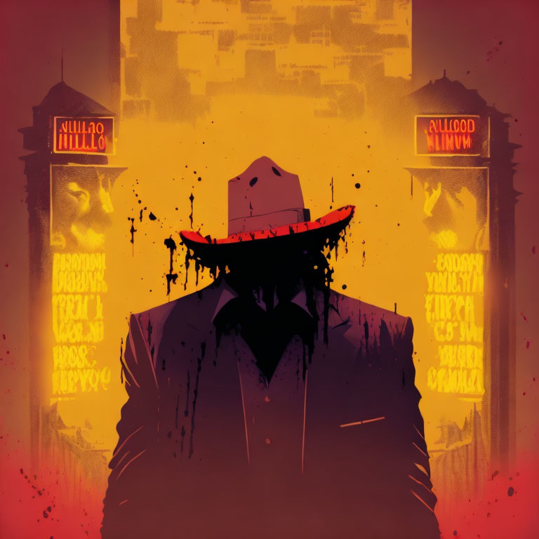 Person silhouette in wide-brimmed hat with red glow on cityscape backdrop