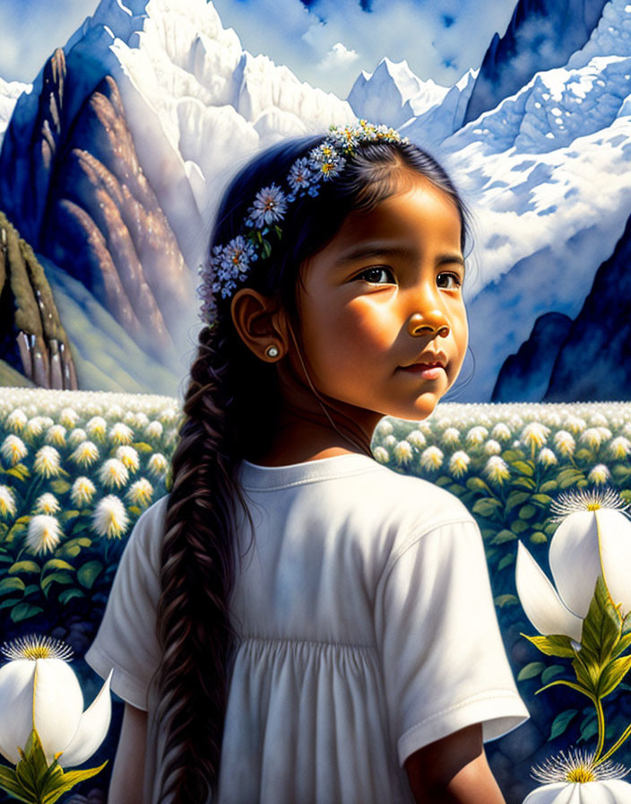 Young girl with floral crown in mountain landscape among white flowers