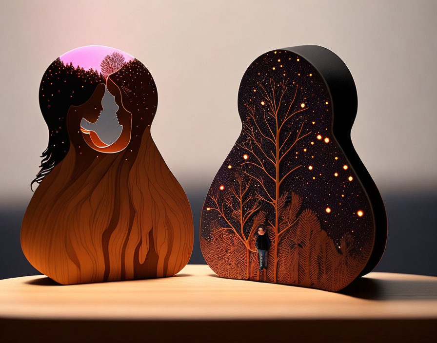 Wooden pregnant woman and man lamps with intricate cutouts and warm backlighting.