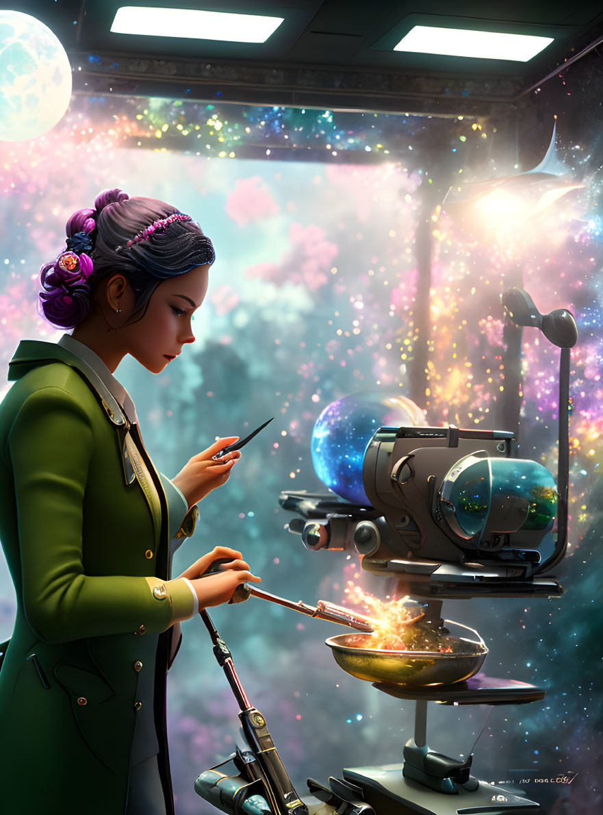 Woman using futuristic device with cosmic backdrop.