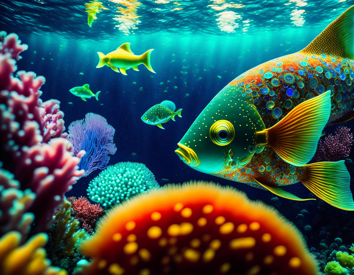 Colorful fish and corals in vibrant underwater scene.