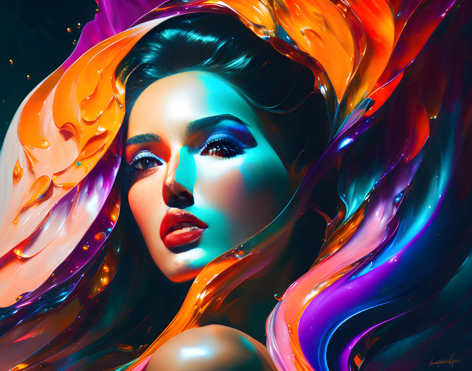 Colorful digital artwork: Woman's face with neon swirls