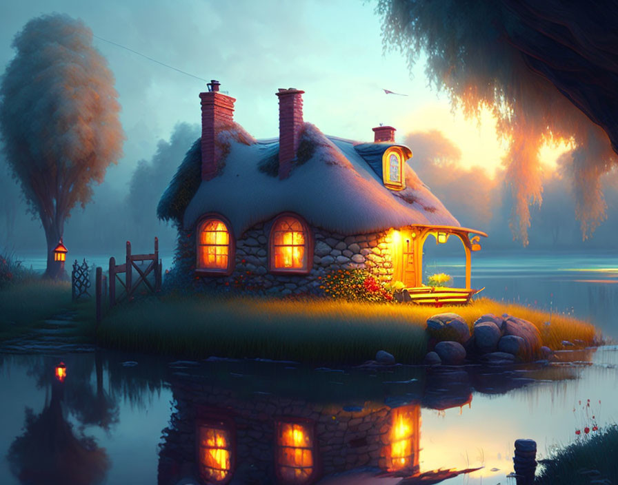 Twilight scene of thatched cottage with illuminated windows and pond.