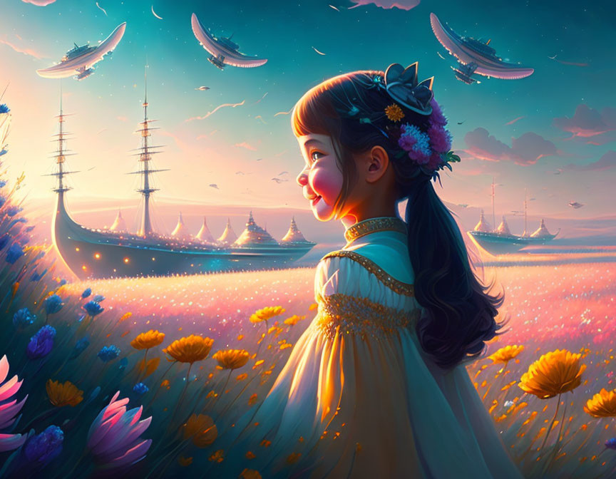 Girl in floral crown gazes at magical seascape with floating ships in flower field.