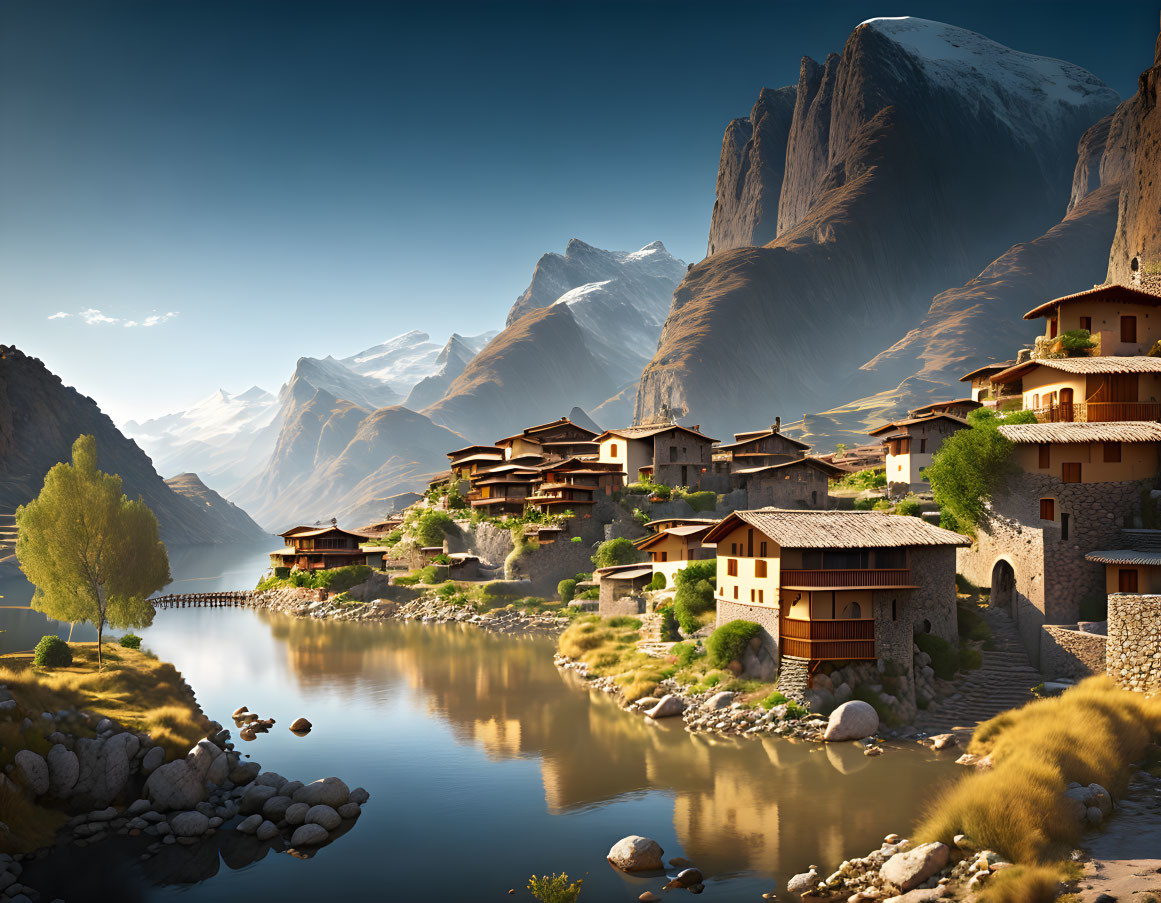 Traditional Lakeside Village in Mountainous Landscape