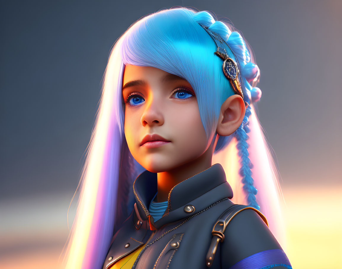 Character with Bright Blue Hair in Jacket Against Sunset Background