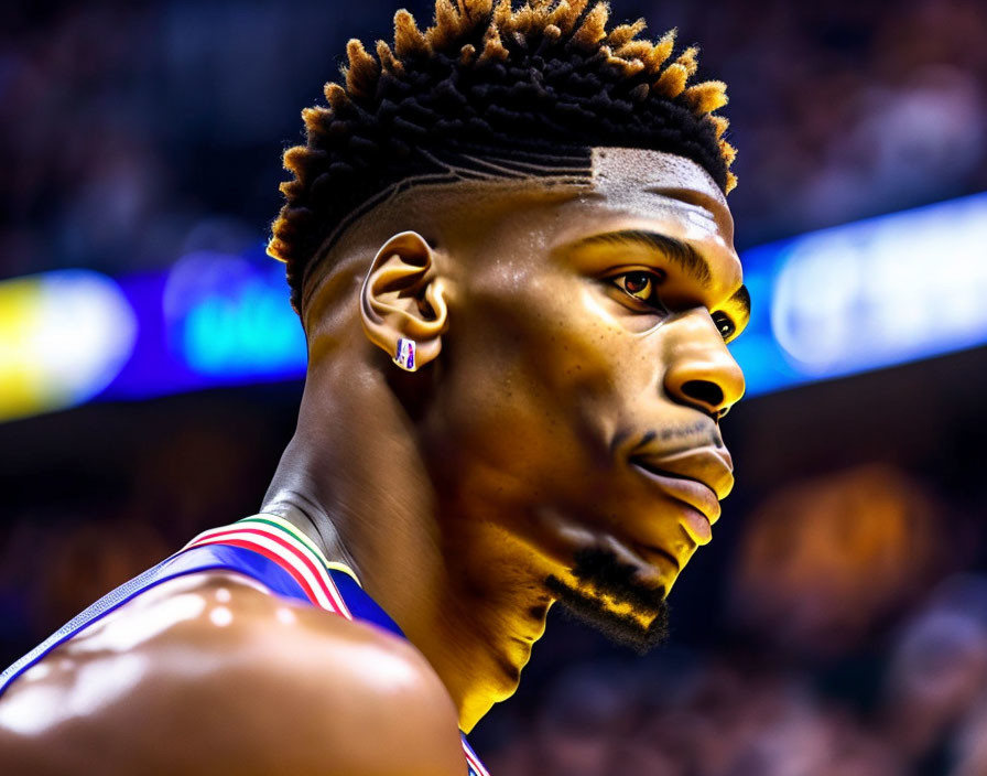 Intense athlete with mohawk and basketball jersey gaze.