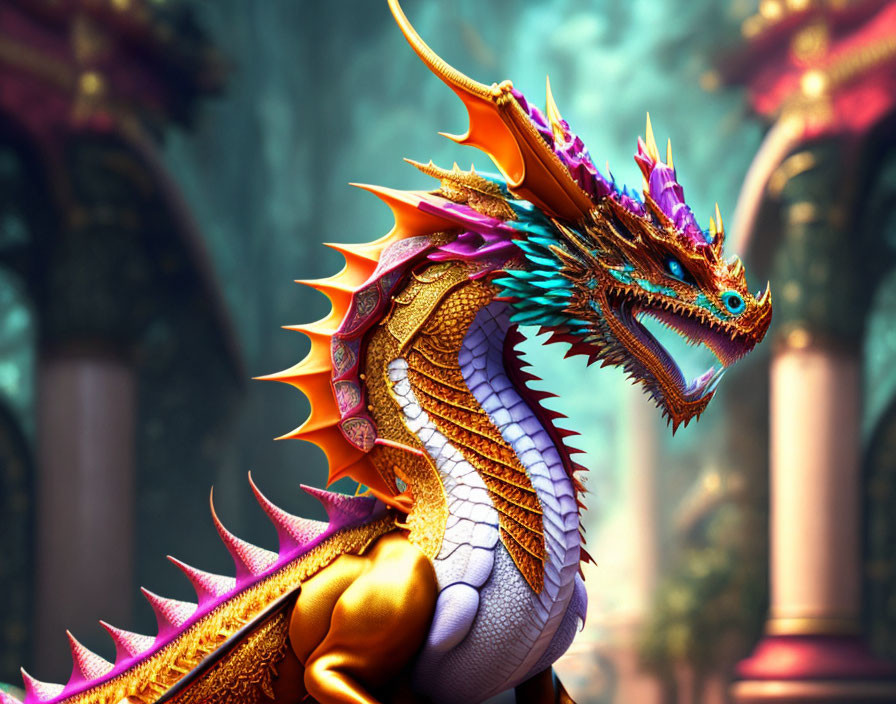 Colorful Dragon with Ornate Scales in Mystical Temple