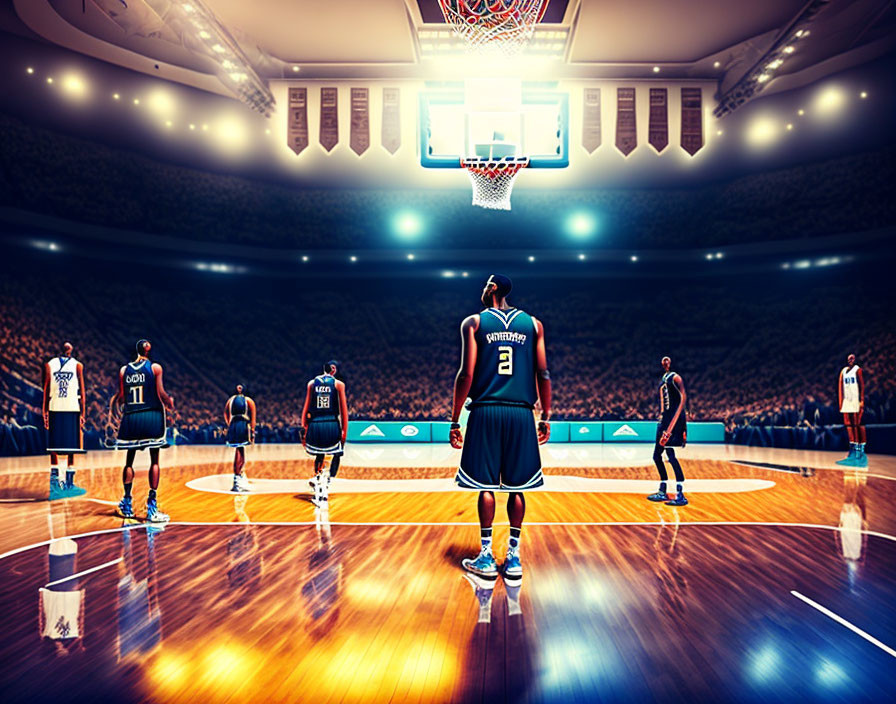 Basketball player shooting free throws in indoor arena with opposing players.