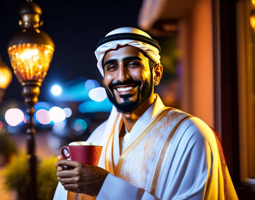 Traditional Arab attire man holding red cup, smiling with night lights background