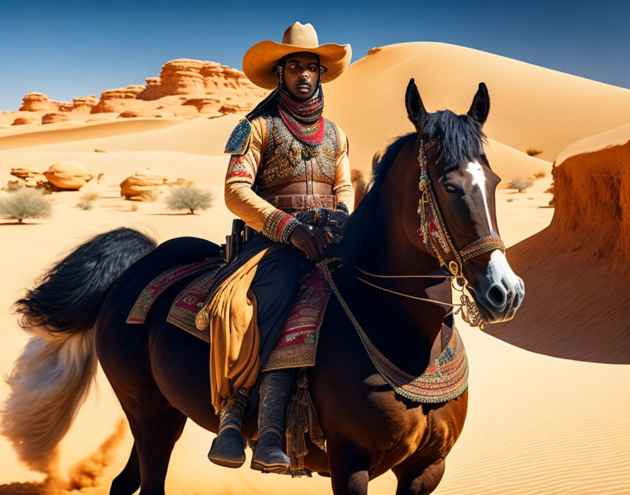 Elaborate Cowboy Riding Horse in Desert Landscape