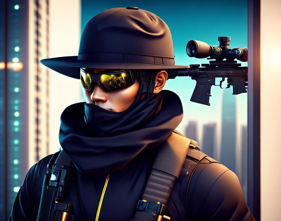 Illustration of a person in tactical gear with sniper rifle, helmet, sunglasses, and scarf