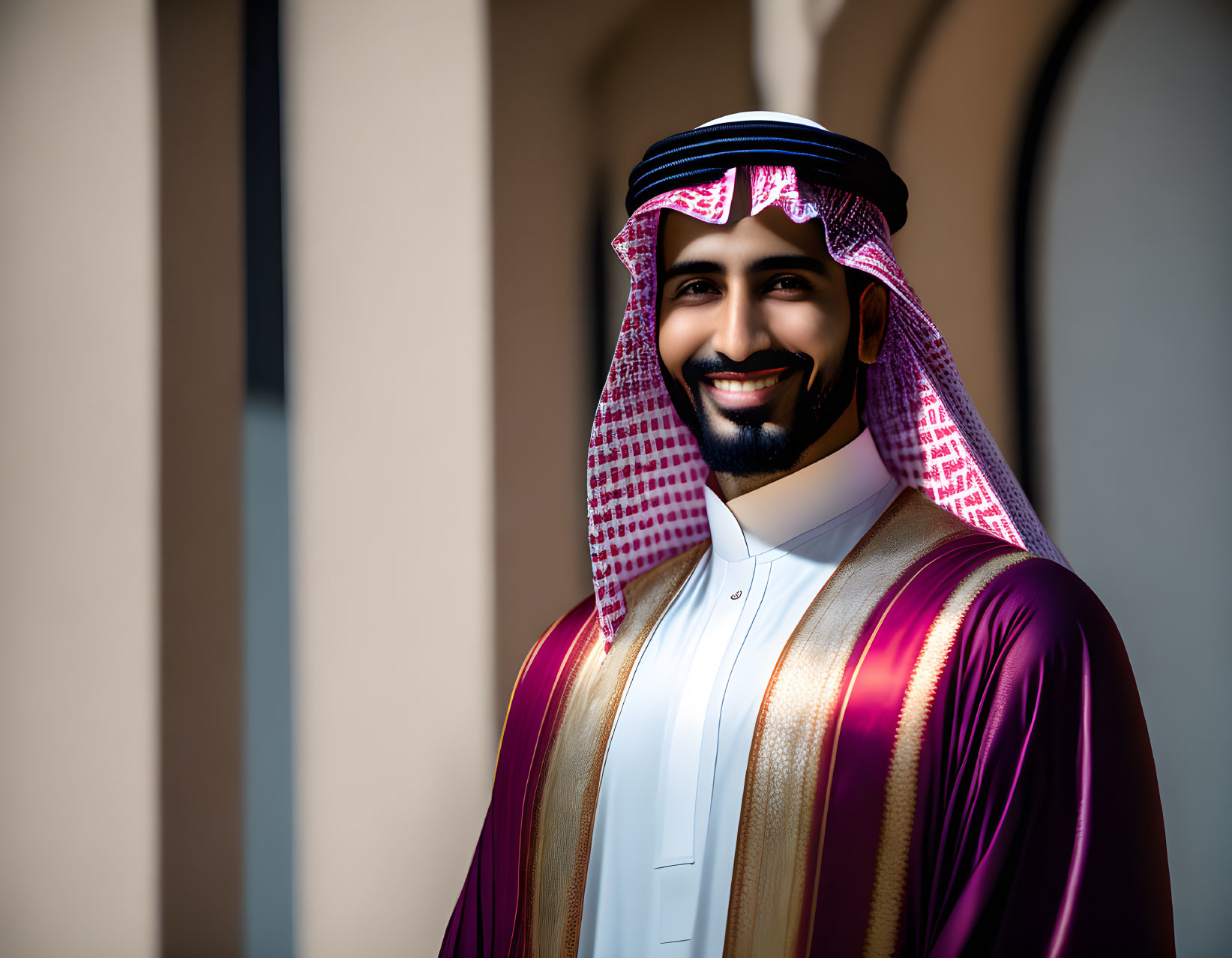 Traditional Arab Attire: Smiling Man in Keffiyeh and Agal by Arched Cor