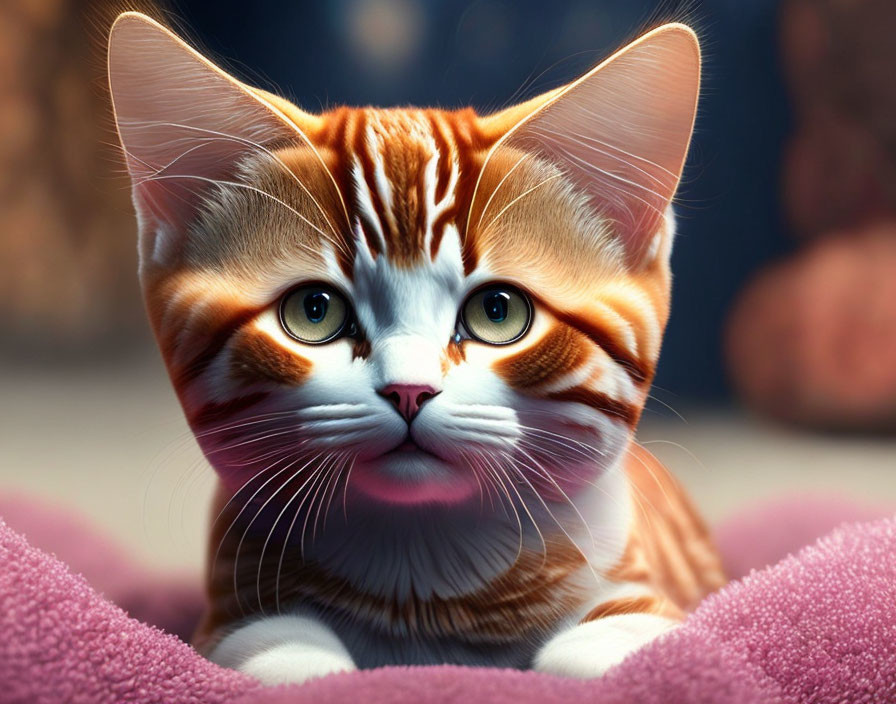 Orange and White Striped Cat with Expressive Eyebrows on Plush Pink Surface