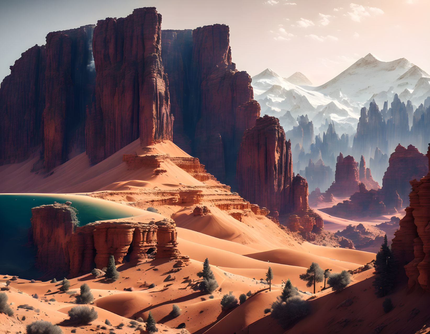 Stunning red rock formations, sand dunes, and snow-capped mountains.