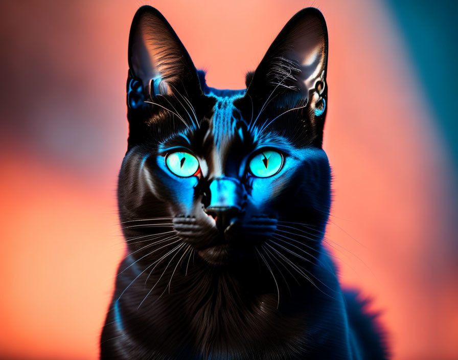 Black Cat with Striking Blue Eyes on Red and Blue Gradient Background