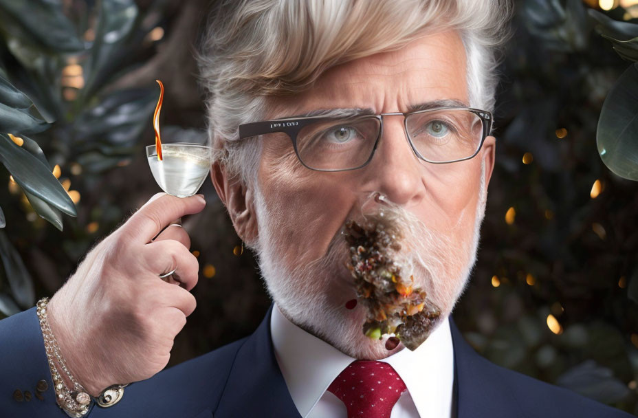 Elderly man with white hair and glasses holding martini glass with explosion and shrapnel.